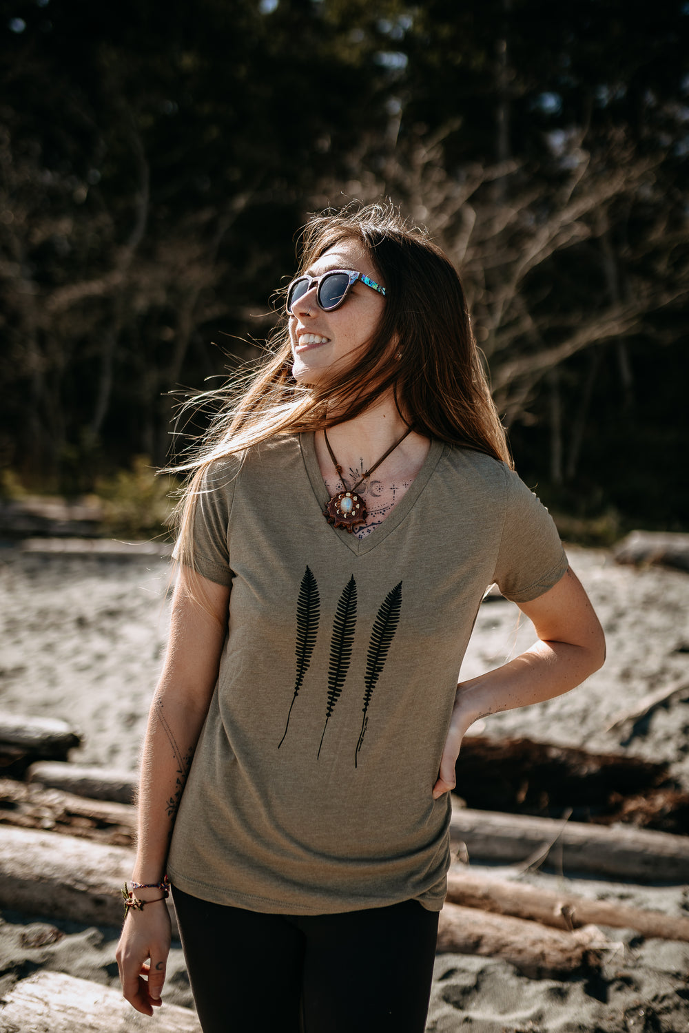 Three Ferns Relaxed V-Neck Tee in Heather Olive