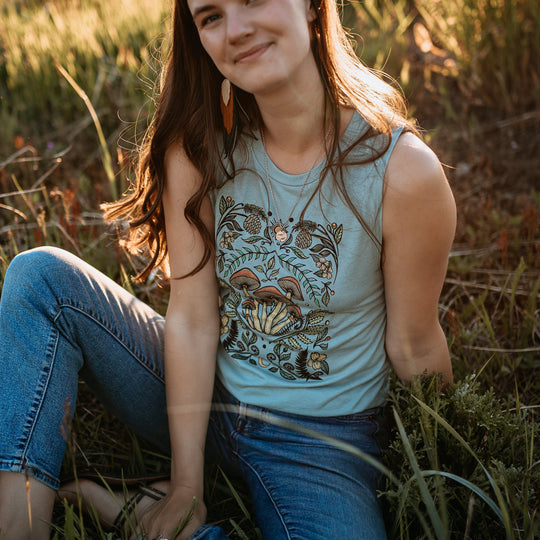 Cottage Mushroom Muscle Tank in Stonewash Green