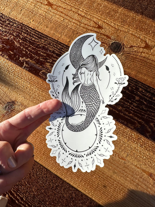 Mermaid Moon Sticker Black and White