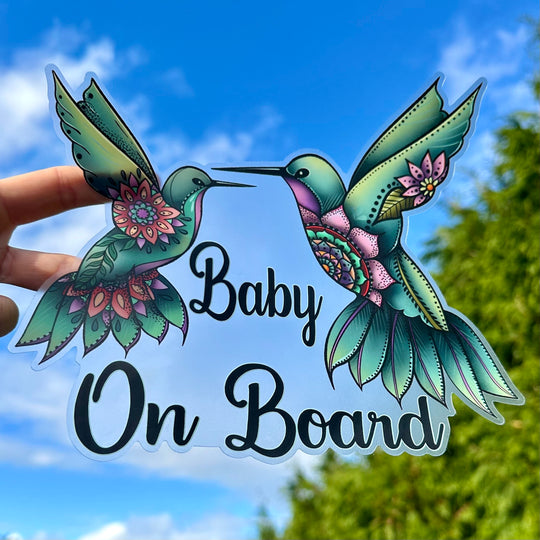 Hummingbirds Baby On Board Car Decal Colourful