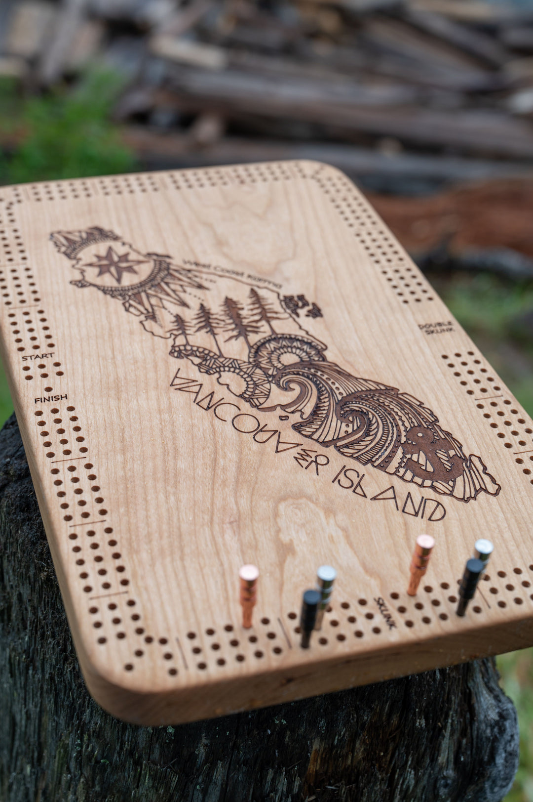 Vancouver Island Engraved Cribbage Board