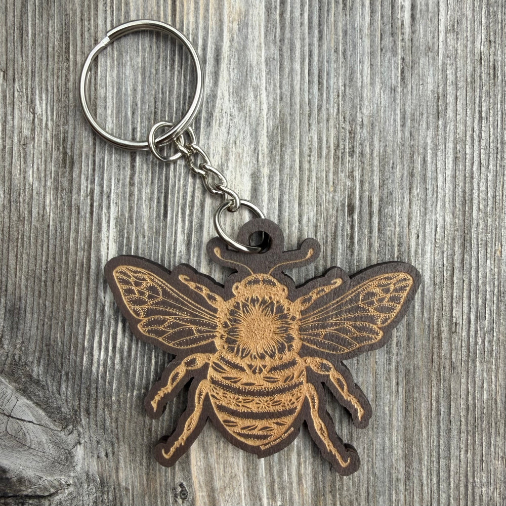 Sunflower Bee Wooden Engraved Keychain