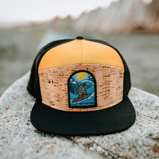 Surfing Sasquatch Cork Flat-Brim Snapback Hat- Black/Mustard