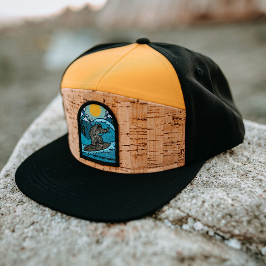 Surfing Sasquatch Cork Flat-Brim Snapback Hat- Black/Mustard