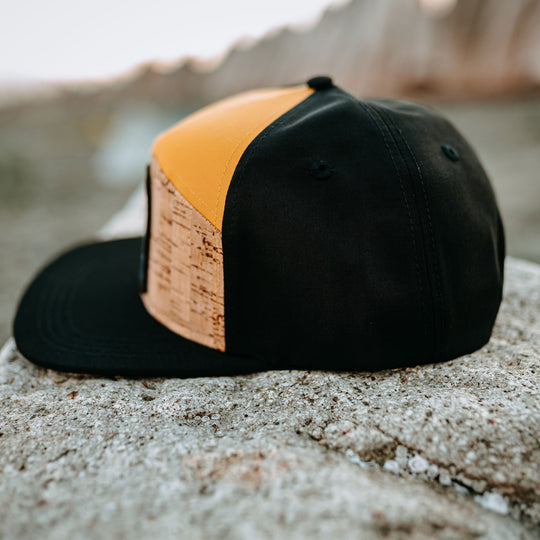 Surfing Sasquatch Cork Flat-Brim Snapback Hat- Black/Mustard