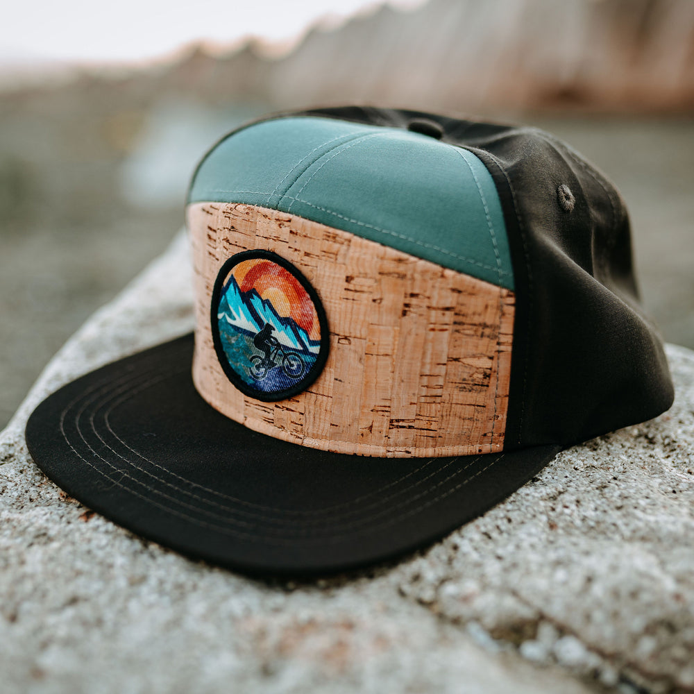Retro Mountain Biker Cork Flat-Brim Snapback Hat- Ocean/Black
