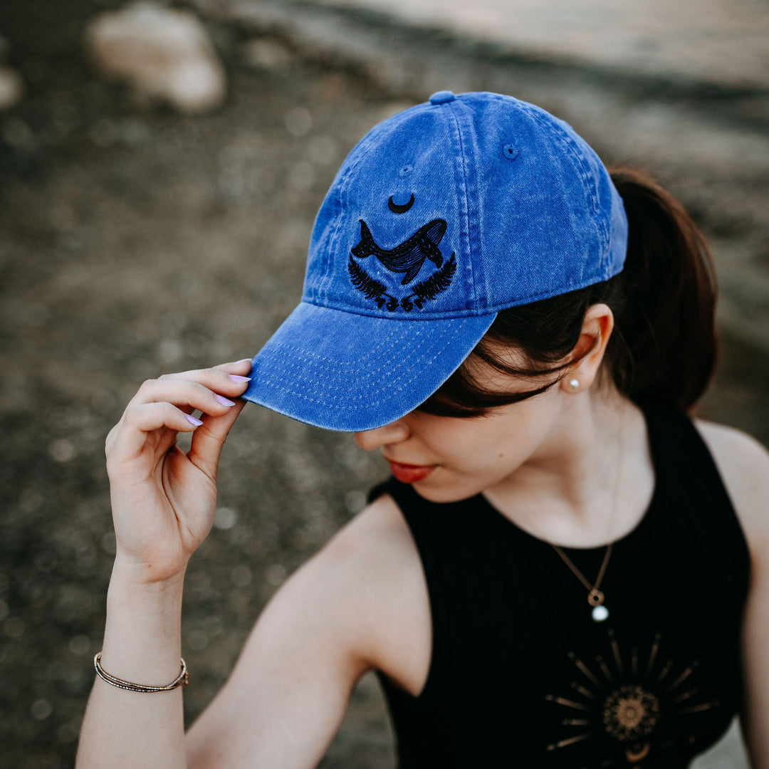 Crescent Whale Washed Dad Hat- Indigo