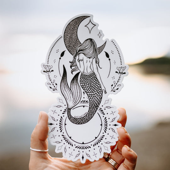 Mermaid Moon Sticker Black and White