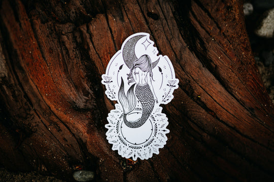 Mermaid Moon Sticker Black and White