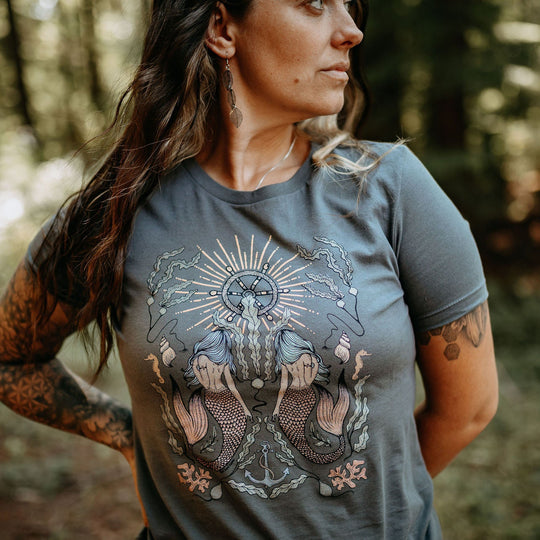Double Mermaid Ladies Tee in Asphalt
