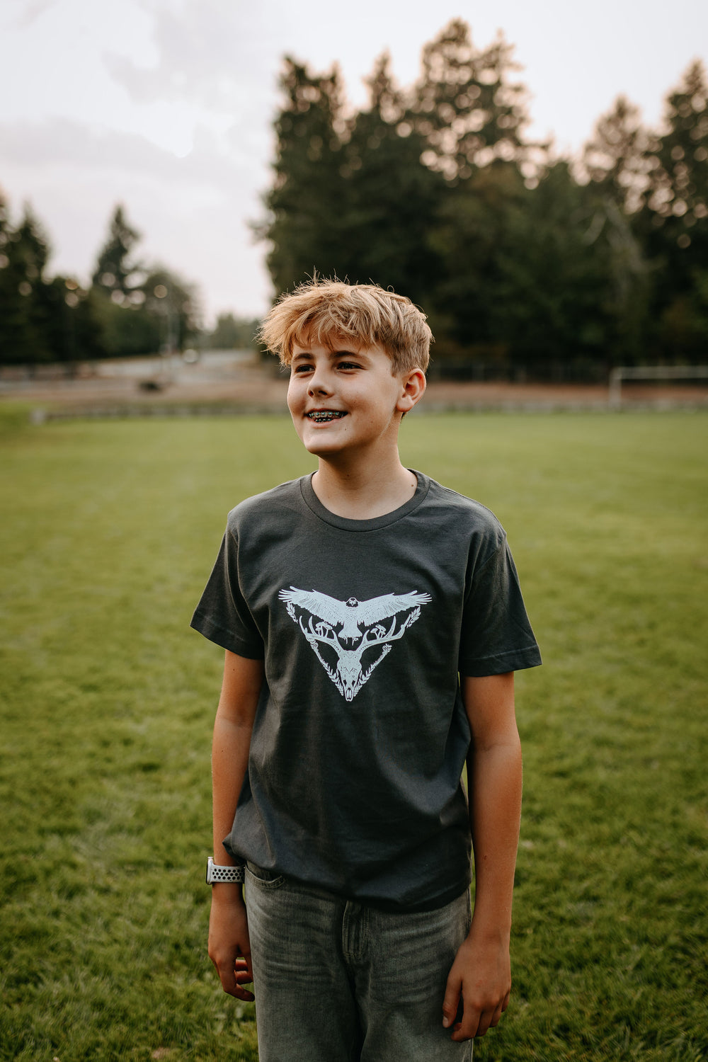 Eagle and Deer Skull Kids/Youth Tee in Dark Slate Grey