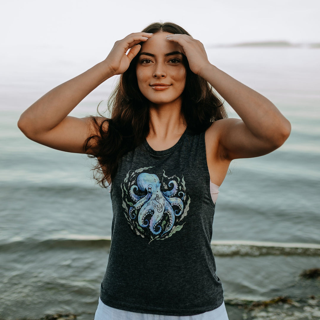 Tattoo Octopus Muscle Tank in Charcoal