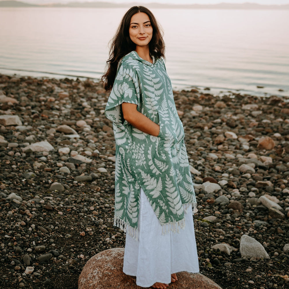 Rainforest Fern Hooded Poncho- Moss Green