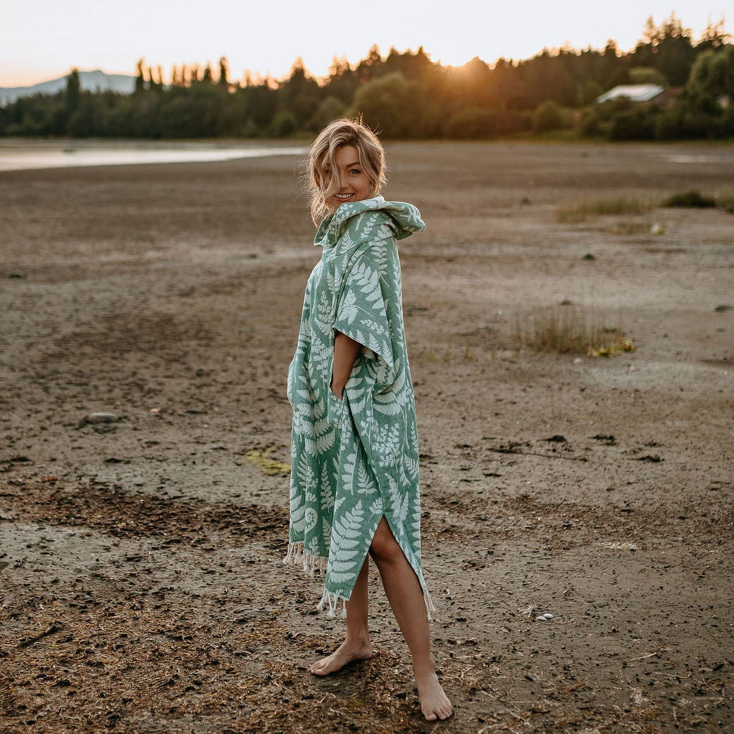 Rainforest Fern Hooded Poncho- Moss Green