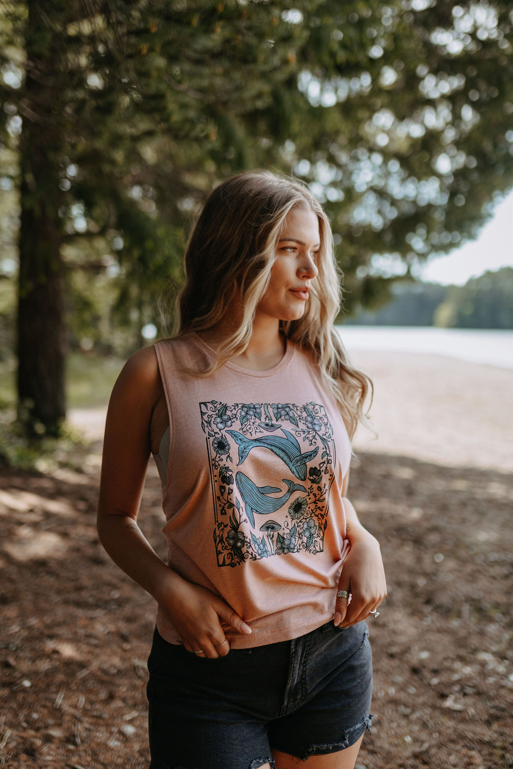 Cottage Core Whales Muscle Tank in Desert Rose