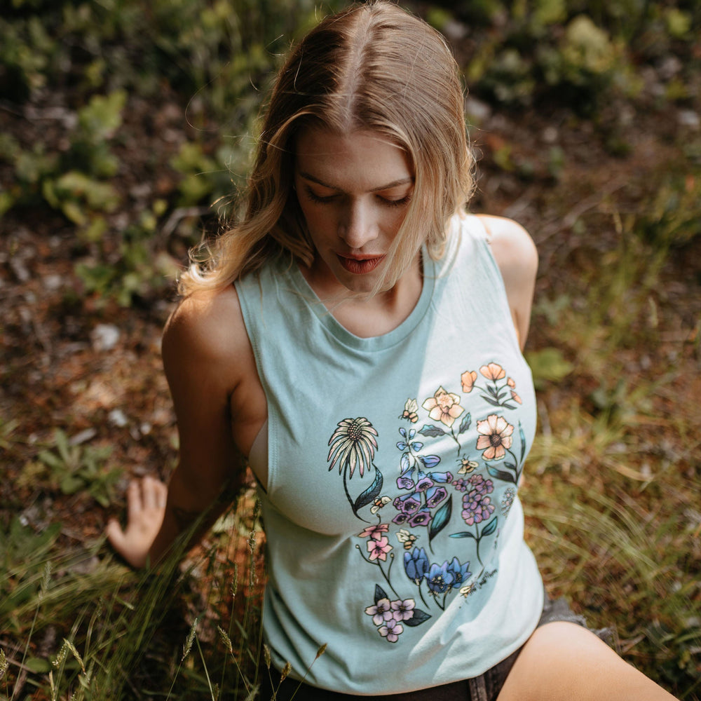 Flowers & Bees Muscle Tank In Stonewash Green