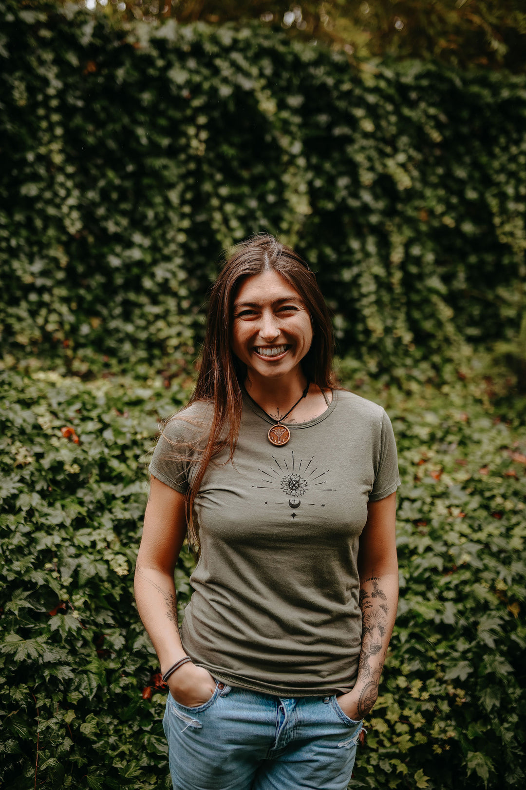 Celestial Sunflower Bamboo Fitted Tee - Green *Made in Canada*