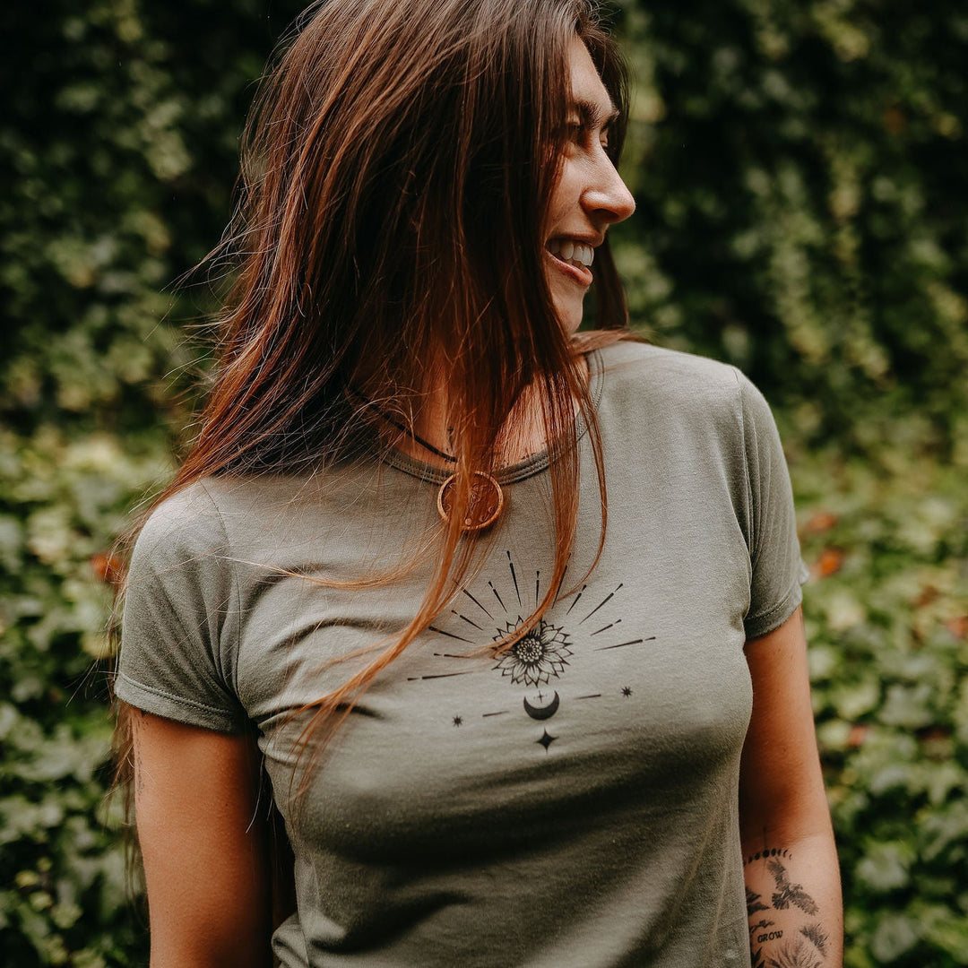 Celestial Sunflower Bamboo Fitted Tee - Green *Made in Canada*