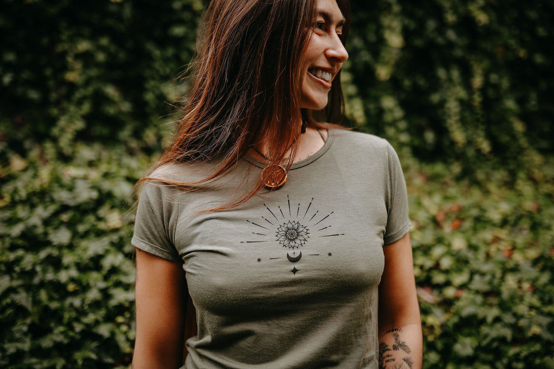 Celestial Sunflower Bamboo Fitted Tee - Green *Made in Canada*
