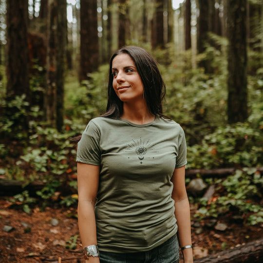 Celestial Sunflower Bamboo Fitted Tee - Green *Made in Canada*