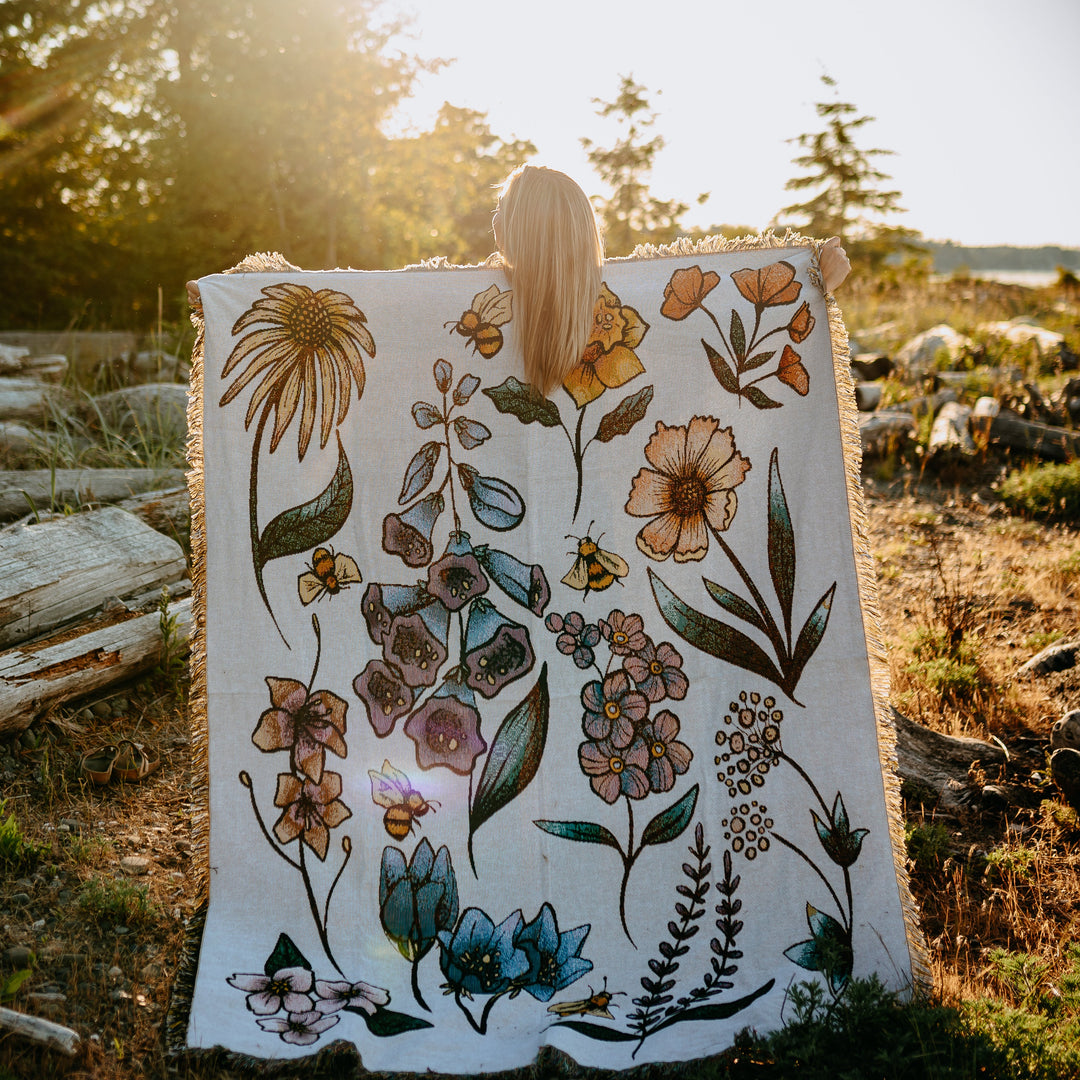 West Coast Wildflowers & Bees 100% Cotton Woven Blanket