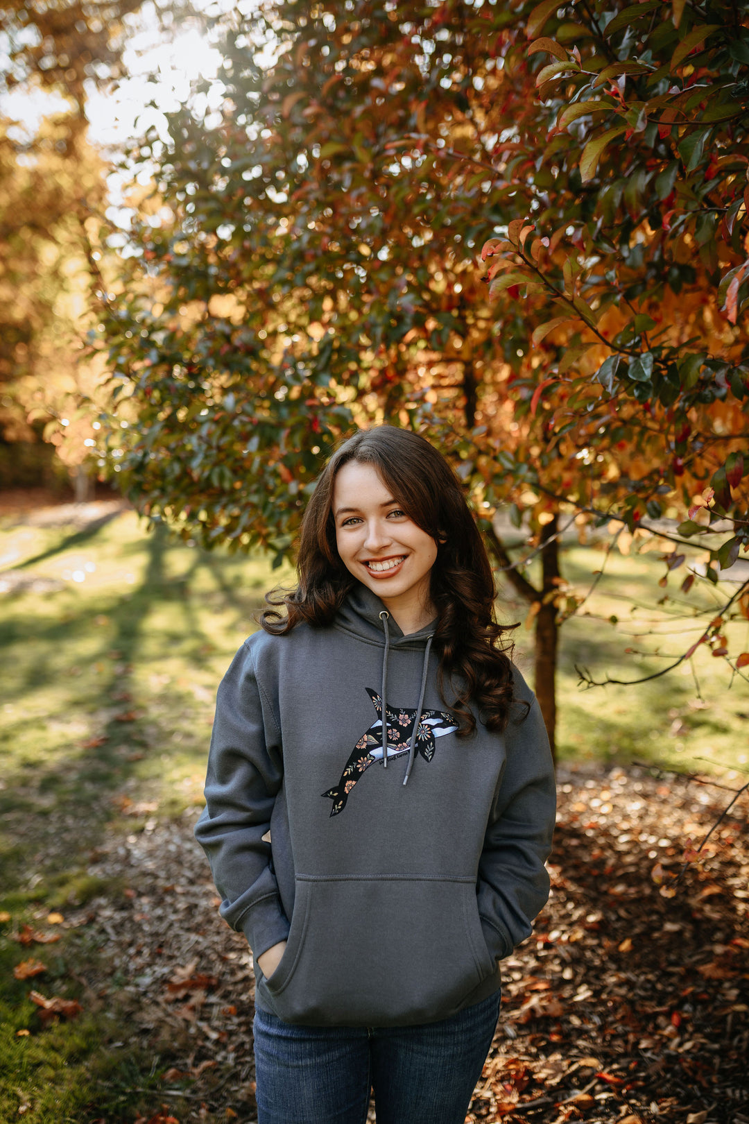 Retro Floral Orca Hoodie in Stone Grey