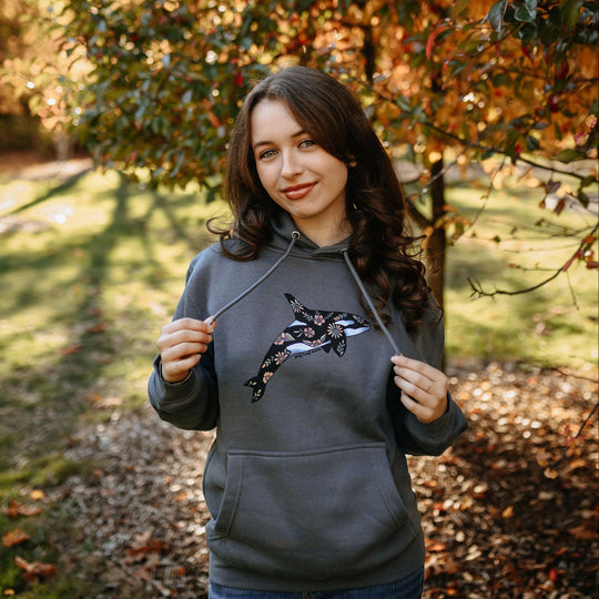 Retro Floral Orca Hoodie in Stone Grey