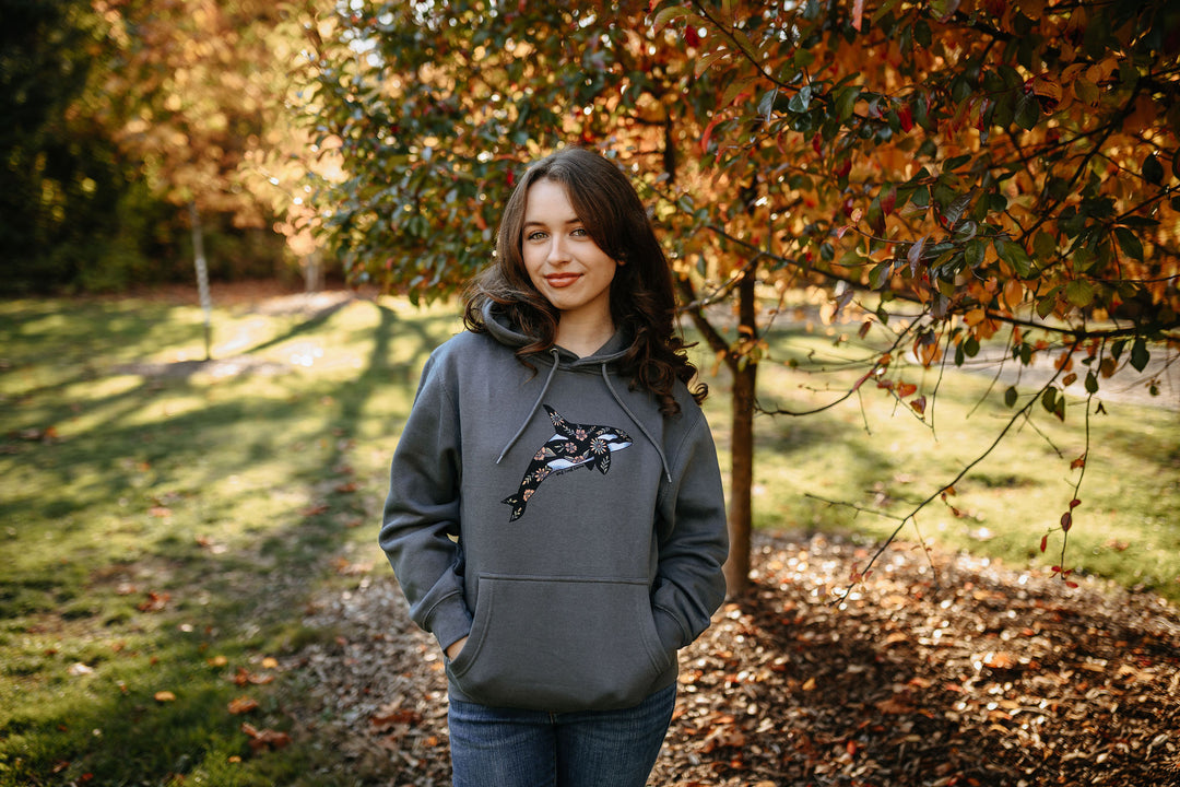 Retro Floral Orca Hoodie in Stone Grey