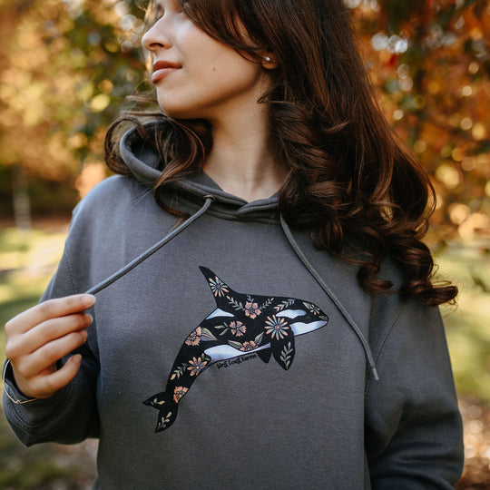 Retro Floral Orca Hoodie in Stone Grey