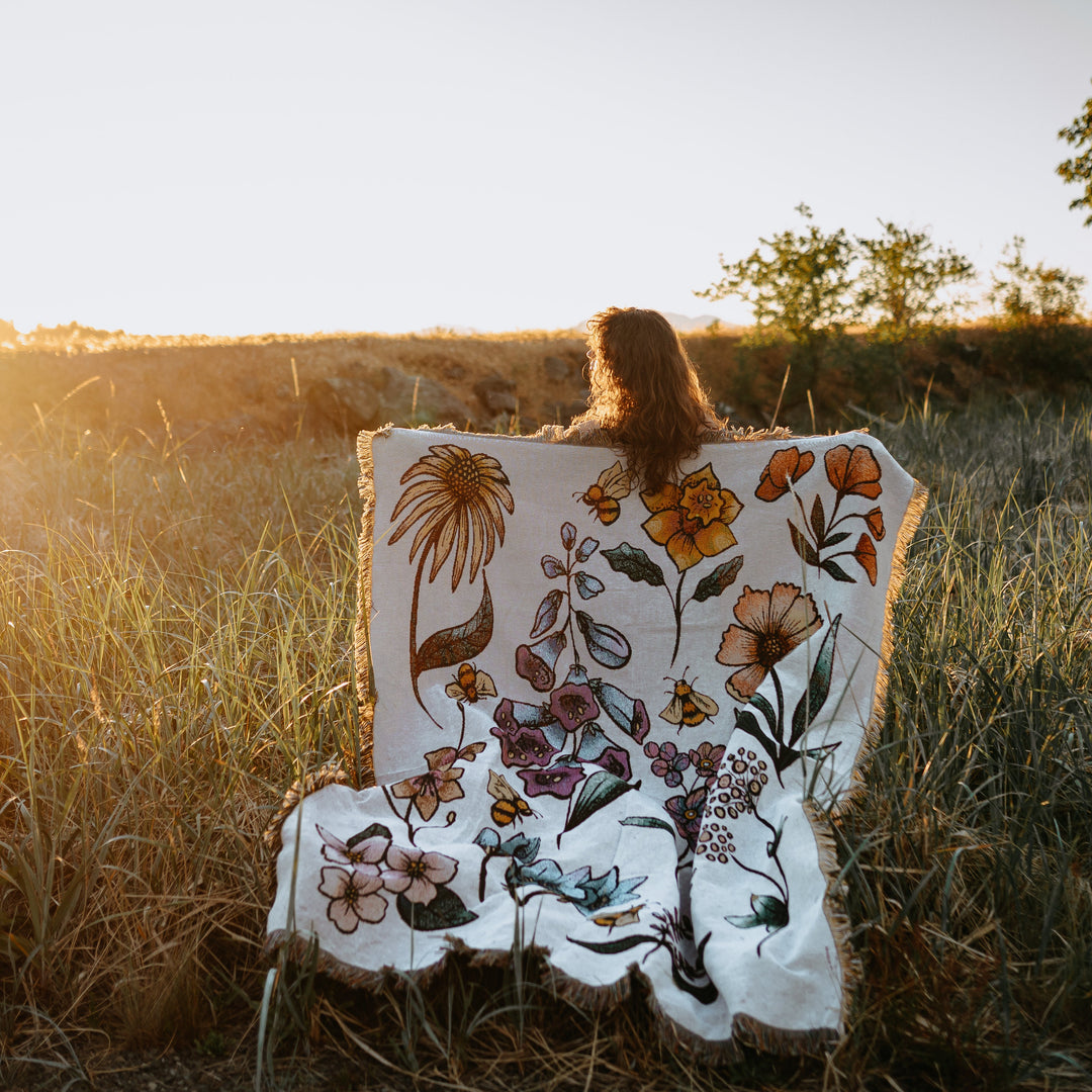 West Coast Wildflowers & Bees 100% Cotton Woven Blanket