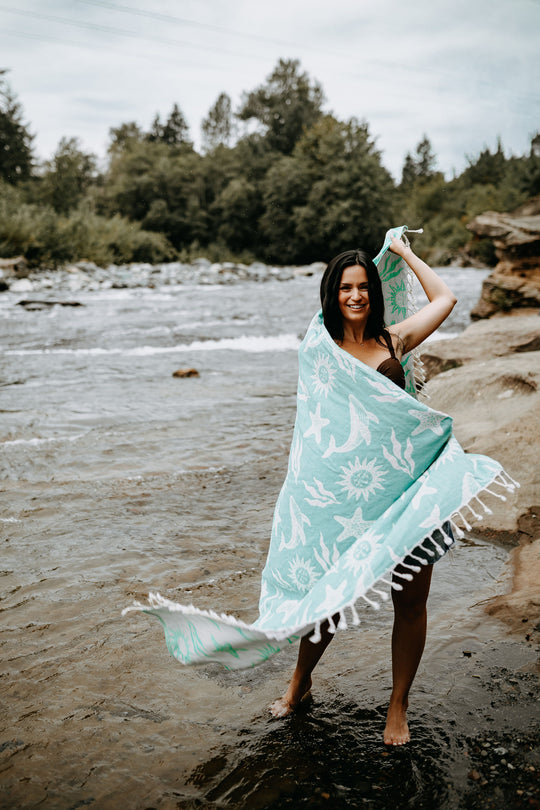 Pacific Turquoise Boho Whale Cotton Throw