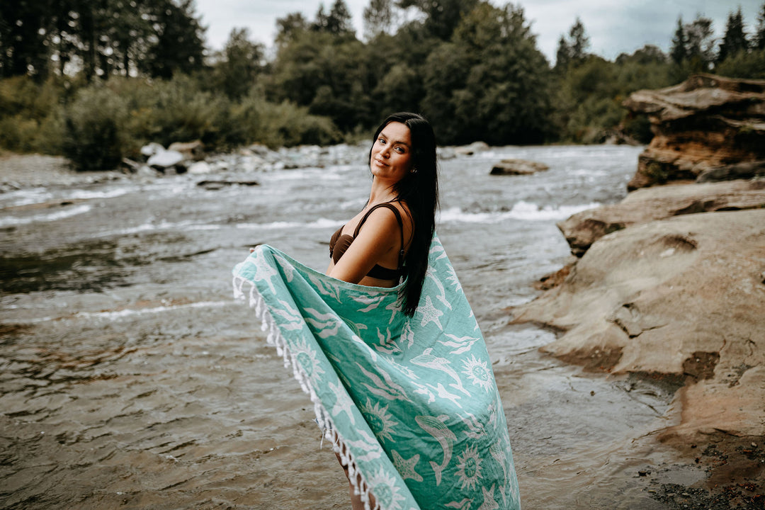 Pacific Turquoise Boho Whale Cotton Throw