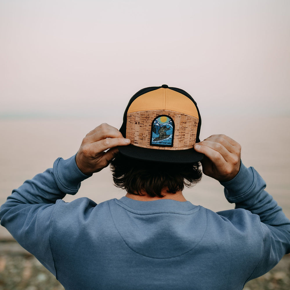Surfing Sasquatch Cork Flat-Brim Snapback Hat- Black/Mustard