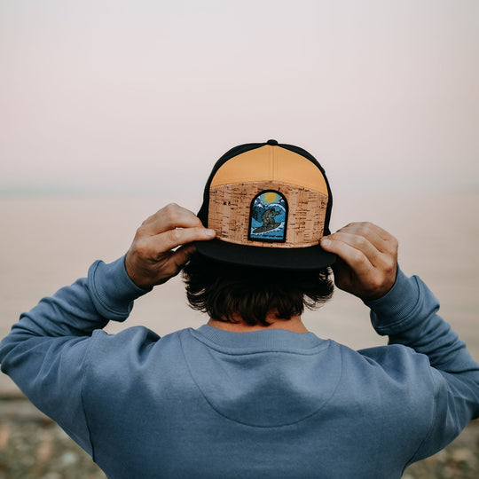 Surfing Sasquatch Cork Flat-Brim Snapback Hat- Black/Mustard