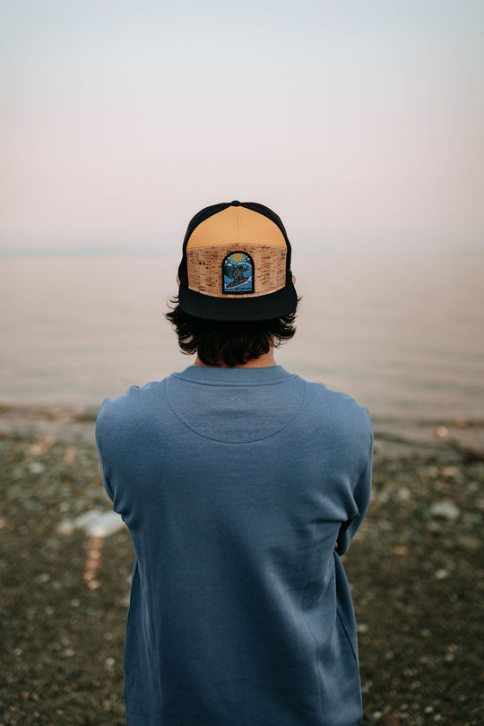 Surfing Sasquatch Cork Flat-Brim Snapback Hat- Black/Mustard