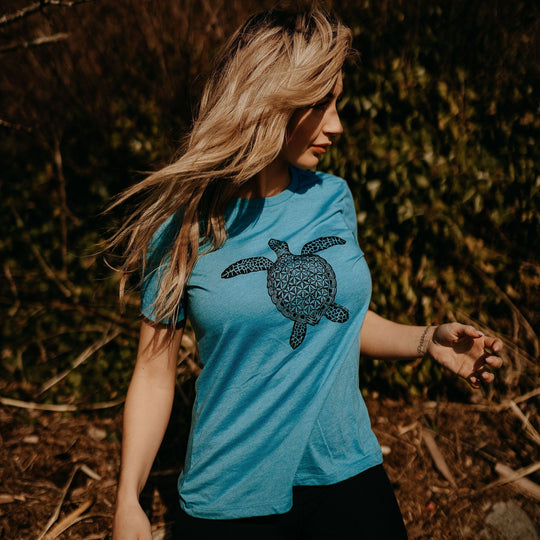 Flower Of Life Turtle Relaxed Tee in Blue Lagoon