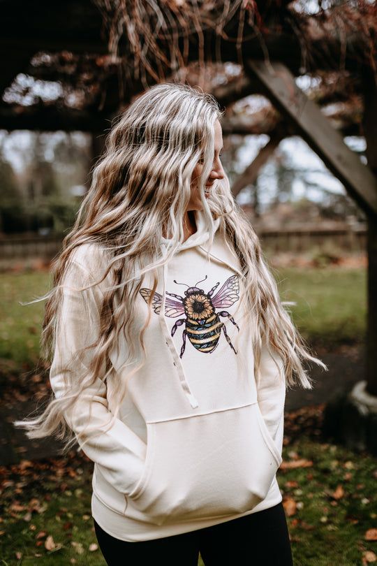 Sunflower Bee Colourful Hoodie - Natural *Made in Canada*