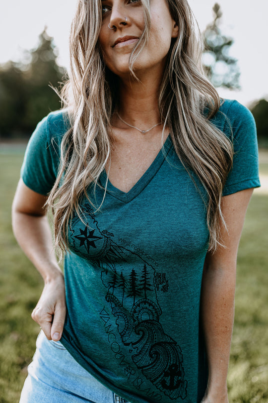 Vancouver Island Eco V-Neck Slim Fit Tee in Heather Green *Made in Canada*