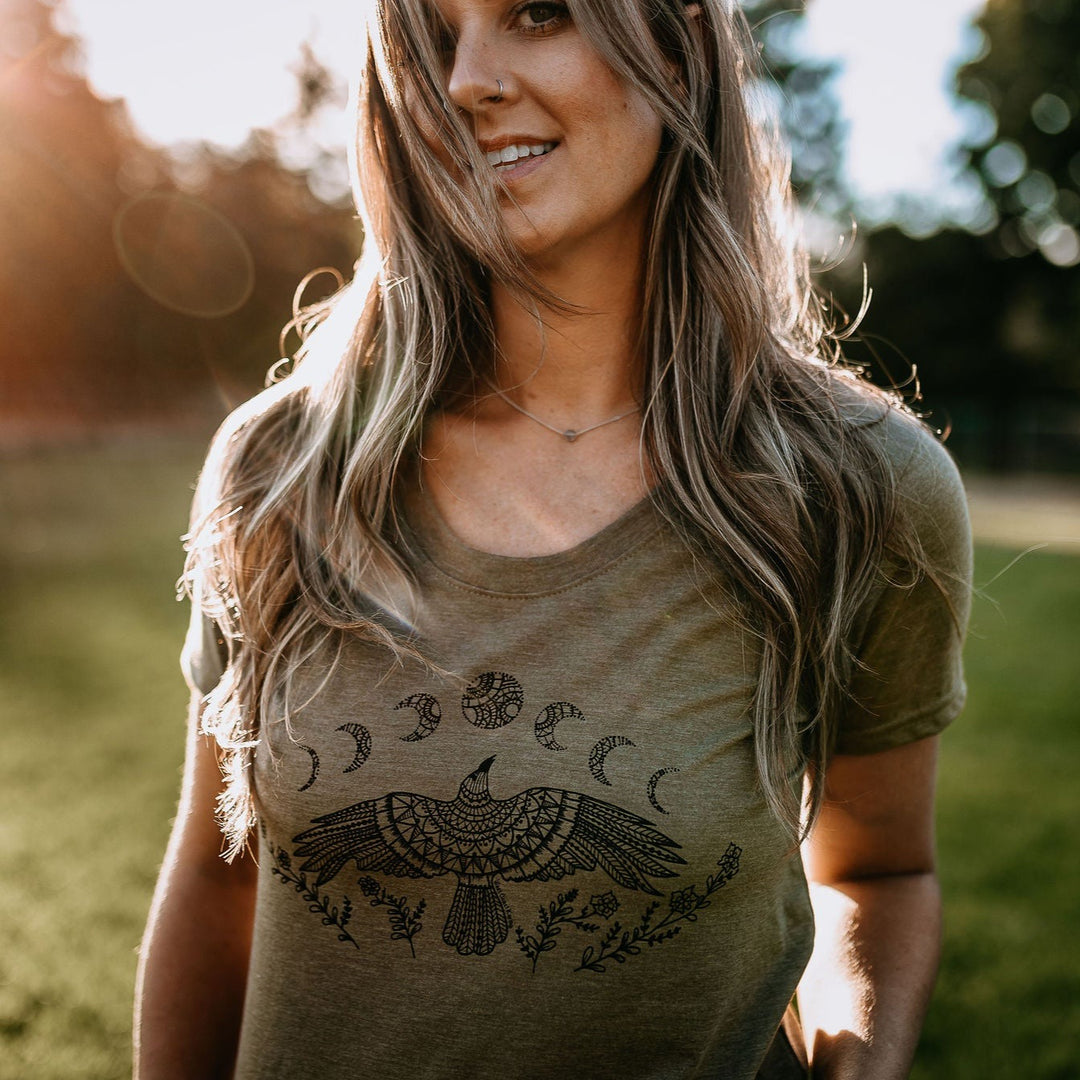 Raven Moon Phase Eco Scoop Tee in Military Green *Made in Canada*