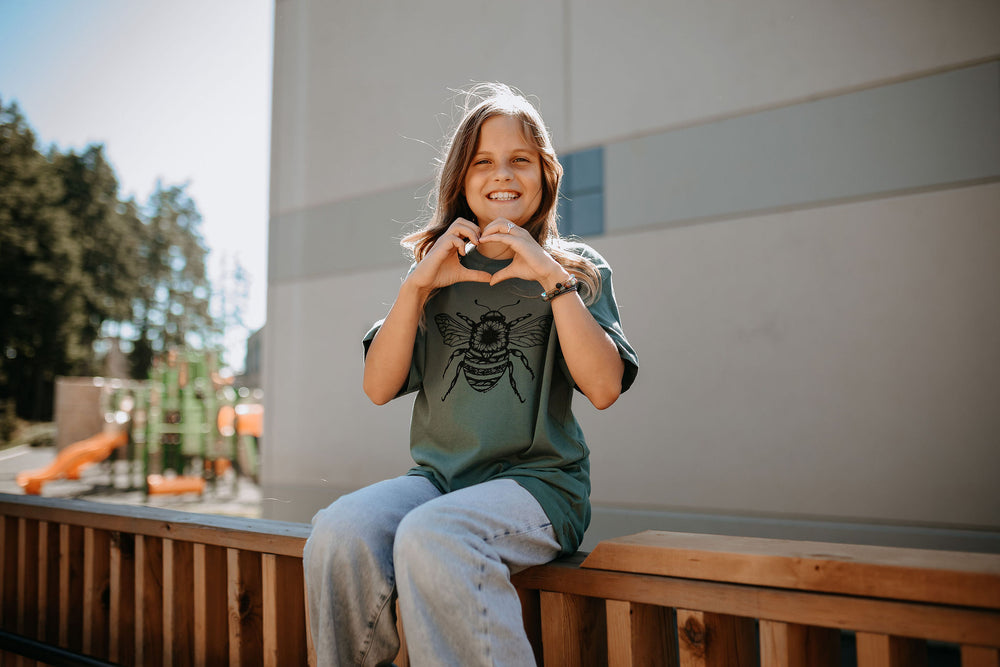 Sunflower Bee Kids/Youth Tee in Sage Green