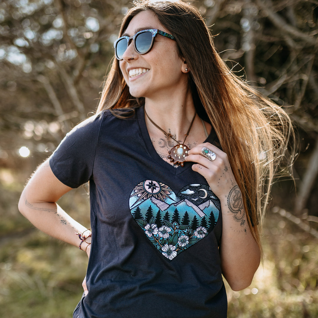 Colourful BC Nature Heart Relaxed V-Neck Tee in Dark Grey