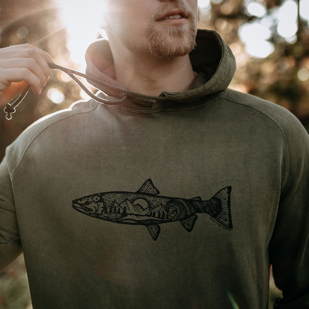 Atlantic Salmon Vintage Raglan Hoodie in Olive