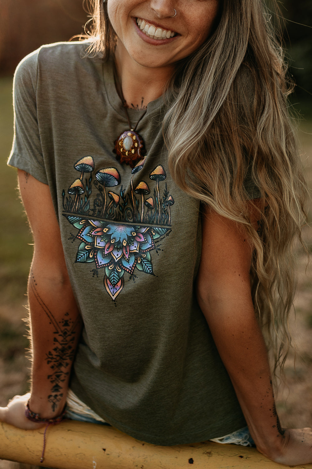 Colourful Mushroom Mandala Relaxed Fit Tee in Olive