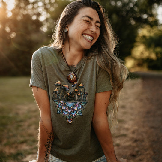 Colourful Mushroom Mandala Relaxed Fit Tee in Olive