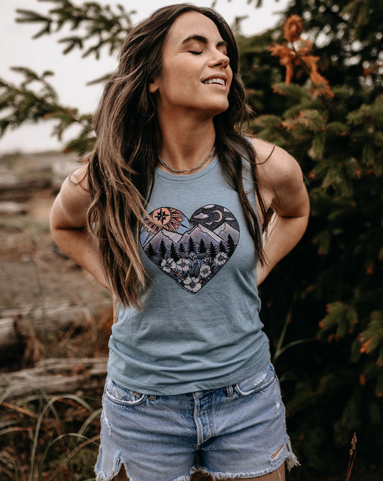 Colourful Nature Heart Muscle Tank in Stonewash Denim