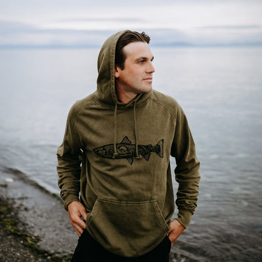 Atlantic Salmon Vintage Raglan Hoodie in Olive