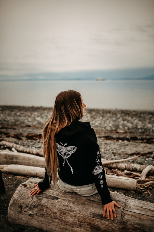 Luna Moth + Lotus Chakra Unisex Zip Hoodie in Black