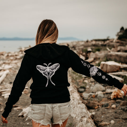 Luna Moth + Lotus Chakra Unisex Zip Hoodie in Black