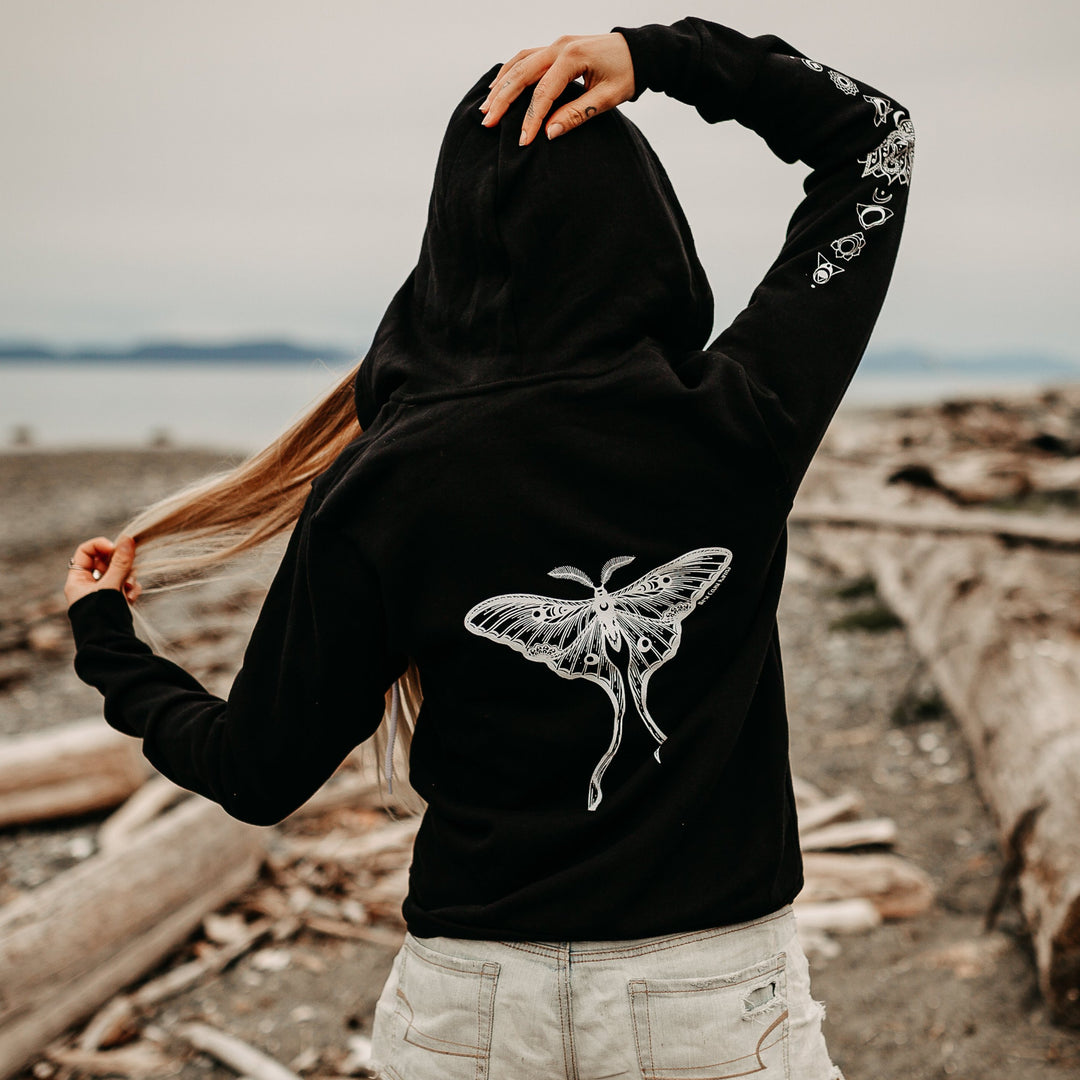 Luna Moth + Lotus Chakra Unisex Zip Hoodie in Black