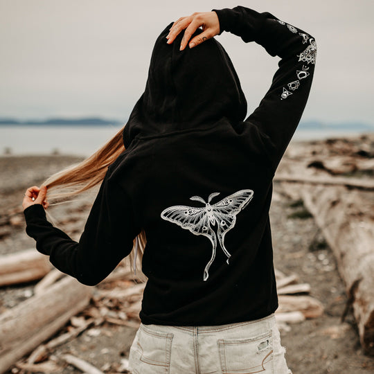 Luna Moth + Lotus Chakra Unisex Zip Hoodie in Black